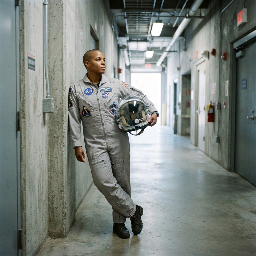 Astronaut in a Concrete Corridor: Head-to-toe portrait against the cool concrete walls of a wide utility corridor.
