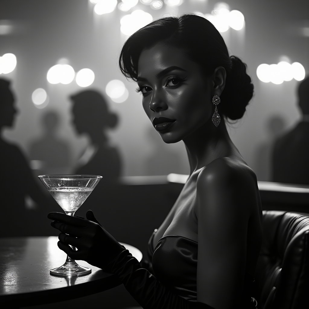 AI-generated photo: Silver gelatin nightclub portrait inside a smoky jazz lounge, the subject seated at a small round ta...