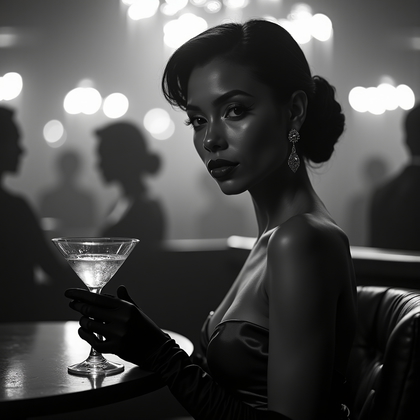 AI-generated photo: Silver gelatin nightclub portrait inside a smoky jazz lounge, the subject seated at a small round ta...