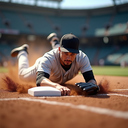 AI-generated photo: Photorealistic professional sports action photo of a base-stealer going headfirst into second base, ...
