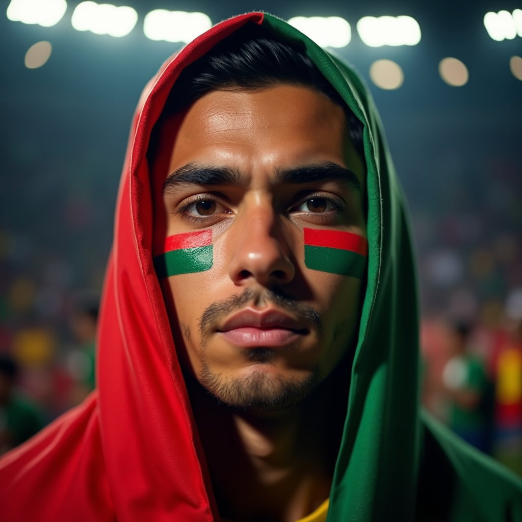 Flag-Draped National Pride Portraits example: Photorealistic close-up sports fan portrait photography. A tight face-and-shoulders portrait of a fan wrapped in a natio