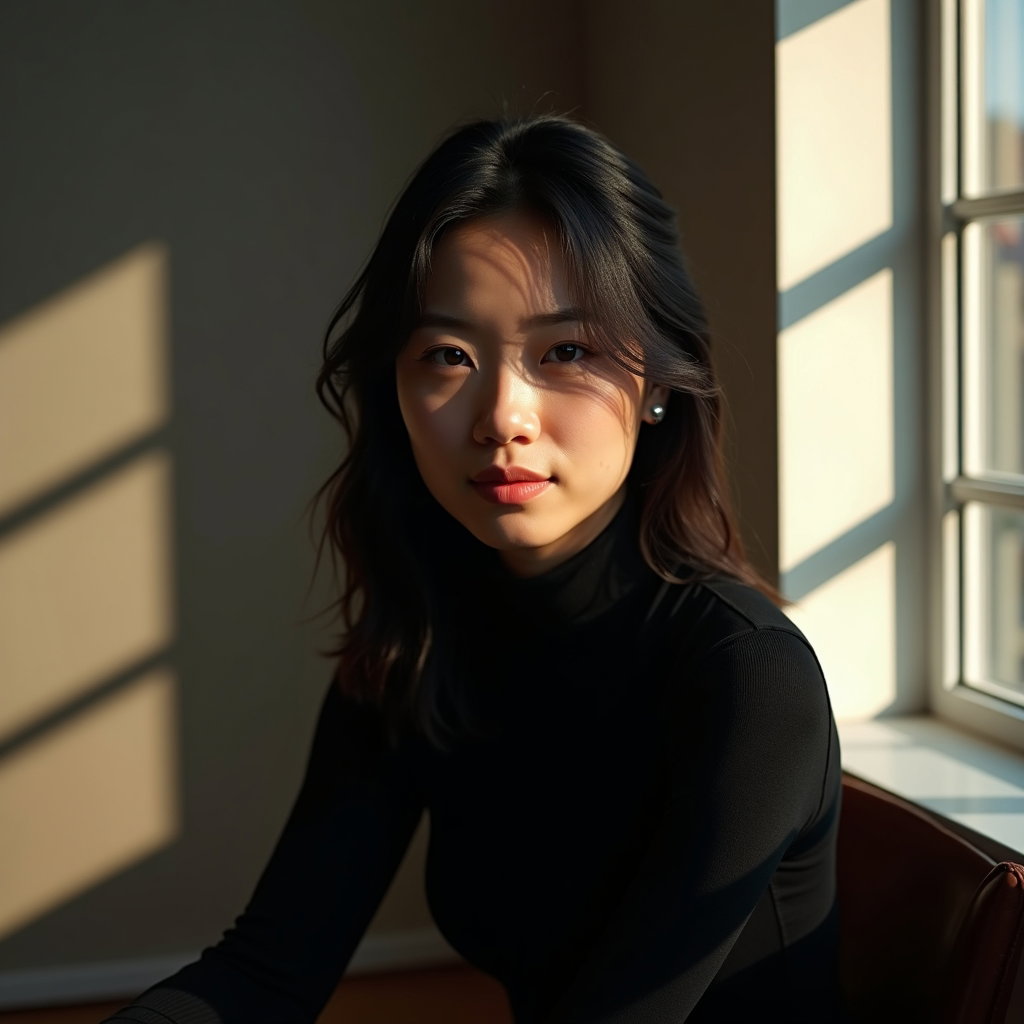 AI-generated photo: Photorealistic studio portrait photograph of a waist-up subject seated beside a faux window, with a ...