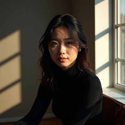 AI-generated photo: Photorealistic studio portrait photograph of a waist-up subject seated beside a faux window, with a ...