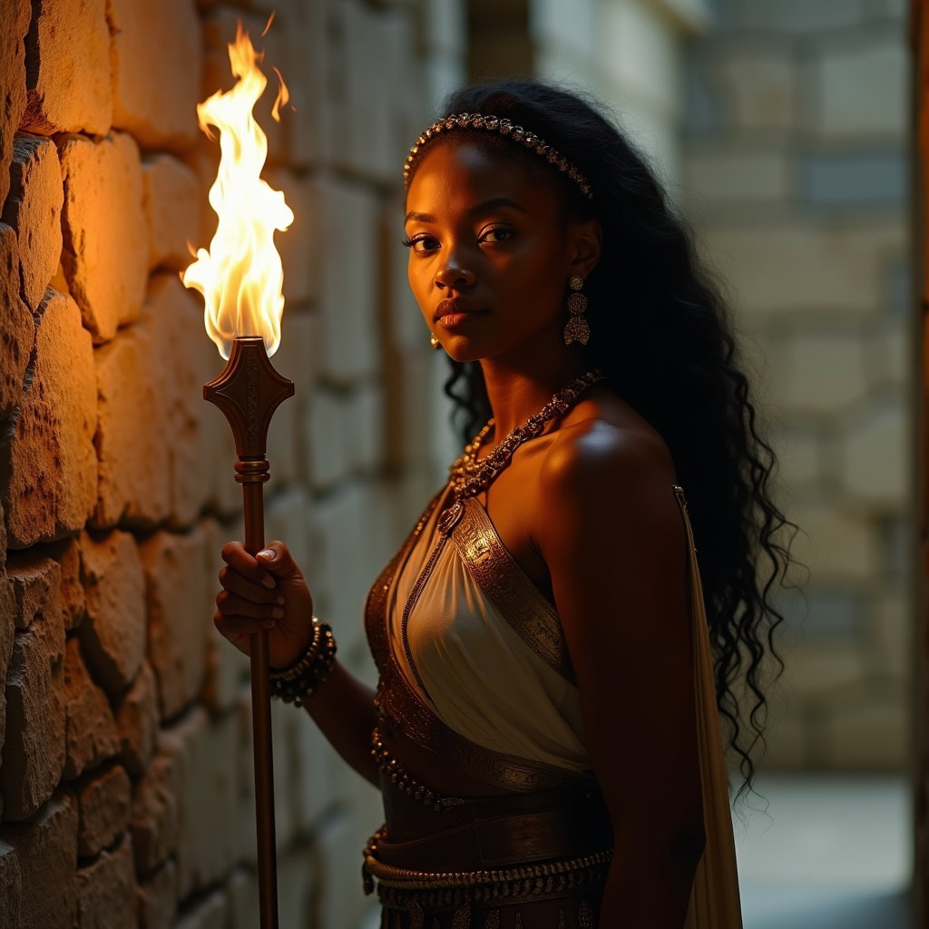 Solo Theseus Labyrinth Torch-Bearer Portrait example: Cinematic mythological portrait photography, half-body hero portrait showing the subject holding a burning torch upright