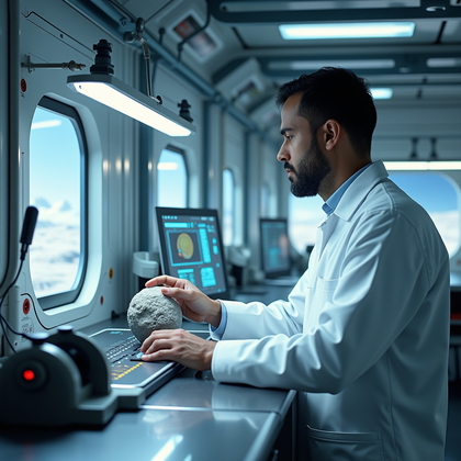 AI-generated photo: Photorealistic editorial portrait photography. In a lunar materials analysis bay, a scientist is sho...