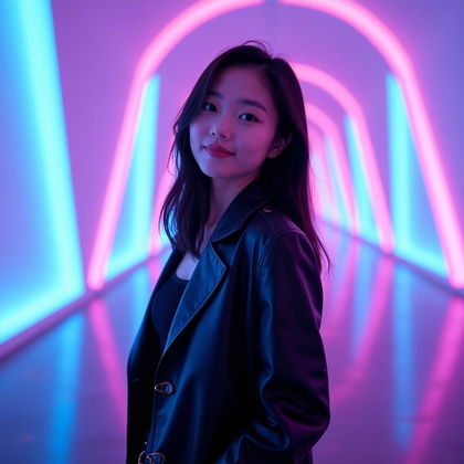 Photorealistic dating profile photo: immersive LED light-tunnel installation with radiant cyan-to-violet gradients receding in perfect perspective, subject centered with shoulders angled three-quarters to camera, chin gently lifted and a confident half-smile, sleek fashion with a minimal monochrome palette and subtle metallic accents, crisp specular highlights on the polished floor reflecting the geometric lights, split-color glow modeling the face while a soft invisible fill keeps features clean and flattering.