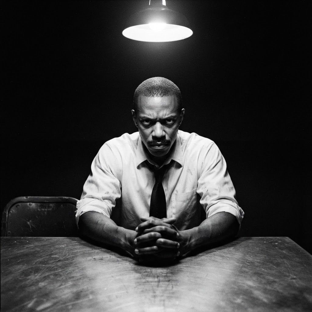 Interrogation Lamp: Stark black-and-white seated interrogation portrait, one visible person at a metal table with clasped hands centered in the foreground,…