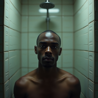 AI-generated photo: Photorealistic prison photography close-up, the subject framed tightly from just above the eyebrows ...