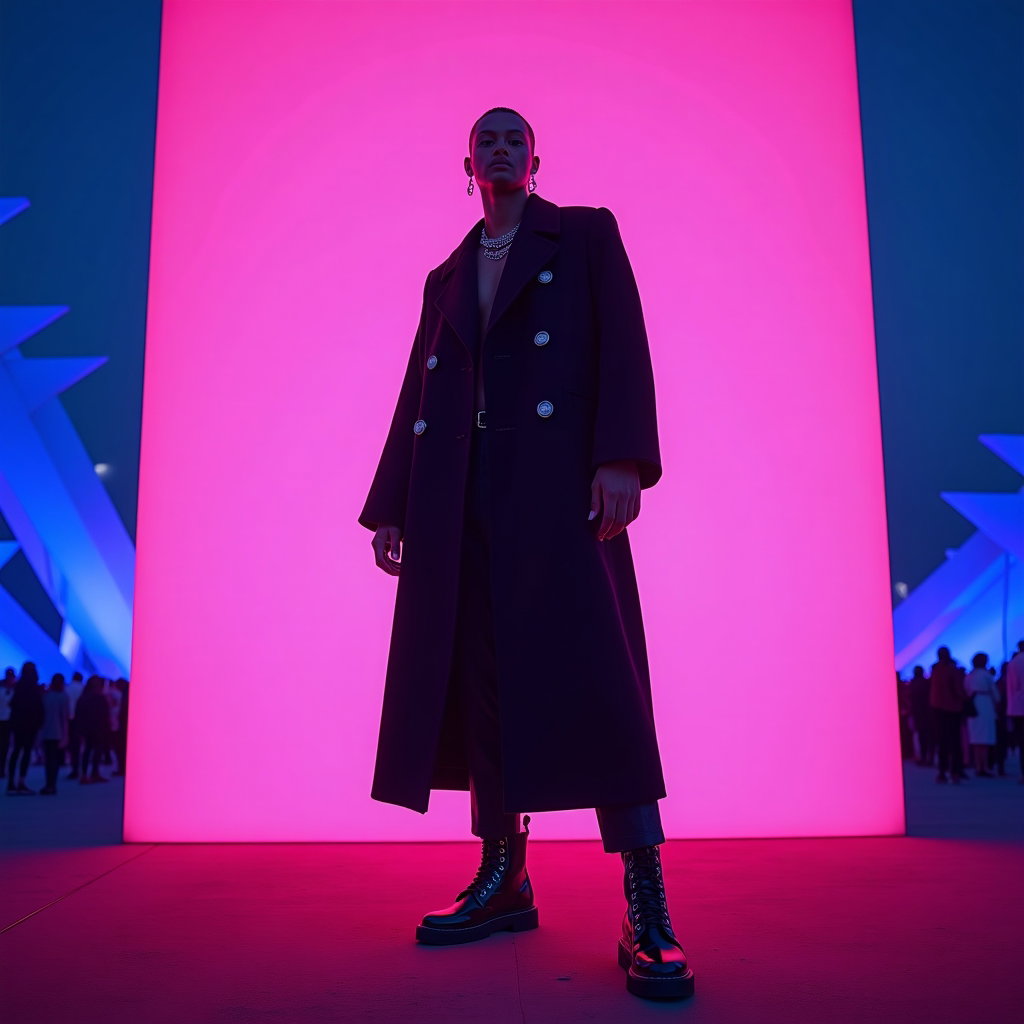 Full-Body Outfit Reveal Pose example: Photorealistic editorial fashion photography. Hero-image full-body pose in front of a glowing main stage light wall, wit
