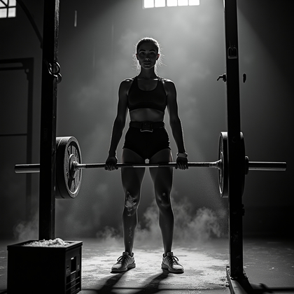 AI-generated photo: Photorealistic gym photography; dramatic black-and-white treatment in a hardcore strength gym, barbe...