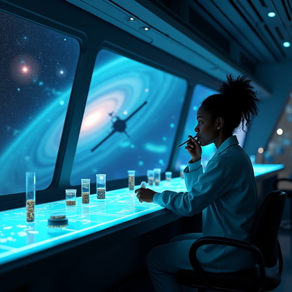 AI-generated photo: Photorealistic moody space lab thinker in profile. The person sits at a long illuminated lab bench n...