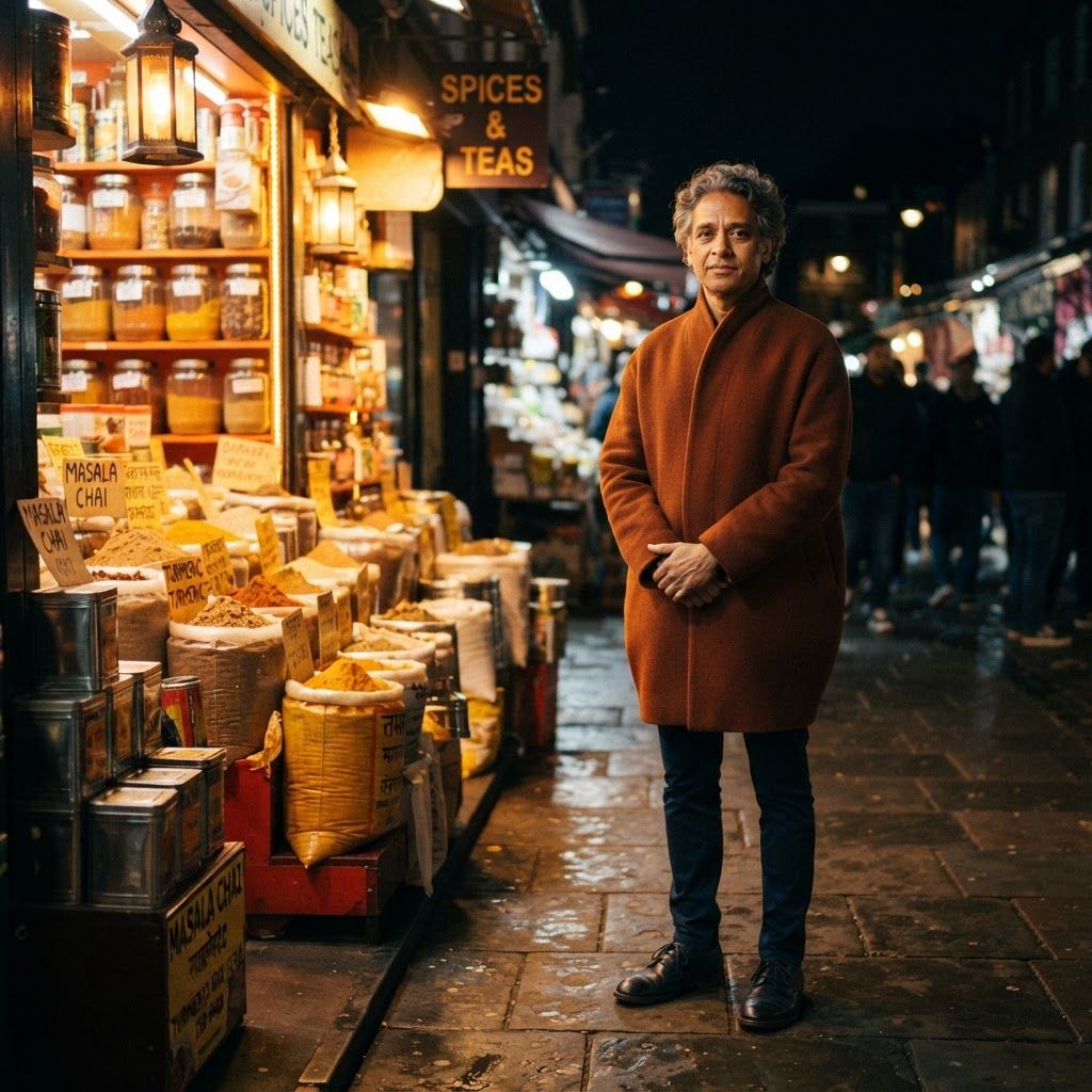 Cocoon Coat in a Night Market: Full-length portrait at the edge of a night market, where an illuminated spice stall casts warm color onto the pavement.
