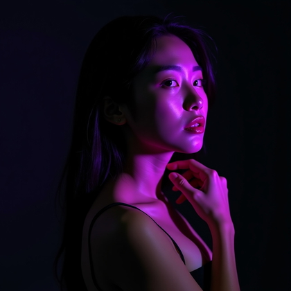 AI-generated photo: Photorealistic studio portrait. The subject stands close to a black backdrop, one shoulder angled to...