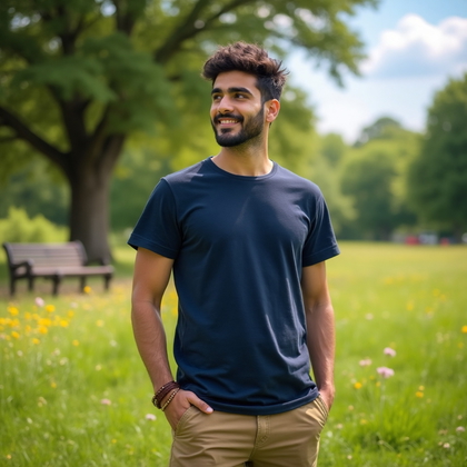 AI-generated photo: Casual outdoor lifestyle photo capturing a serene afternoon in a picturesque park setting. The subje...