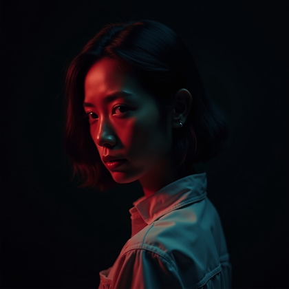 Minimal Blood Clean-Face Survivor Portrait example: Cinematic horror avatar portrait photo. Square profile-style crop from the upper chest upward against a near-black backg
