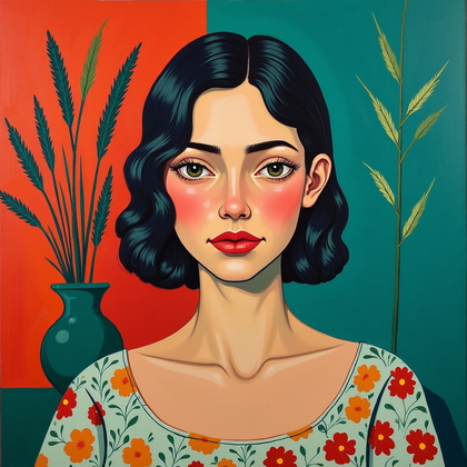 Fauvist oil painting on canvas: a half-length frontal portrait set before a patterned textile and a simple vase of wild stems, rendered with saturated planes of vermilion, cobalt, and sap green that push naturalism toward expressive intensity. Bold contour strokes and thick impasto build the forms, brisk brushwork energizes the background, and high-key highlights pop against complementary shadows so the face remains clear and central within a flattened, decorative space.