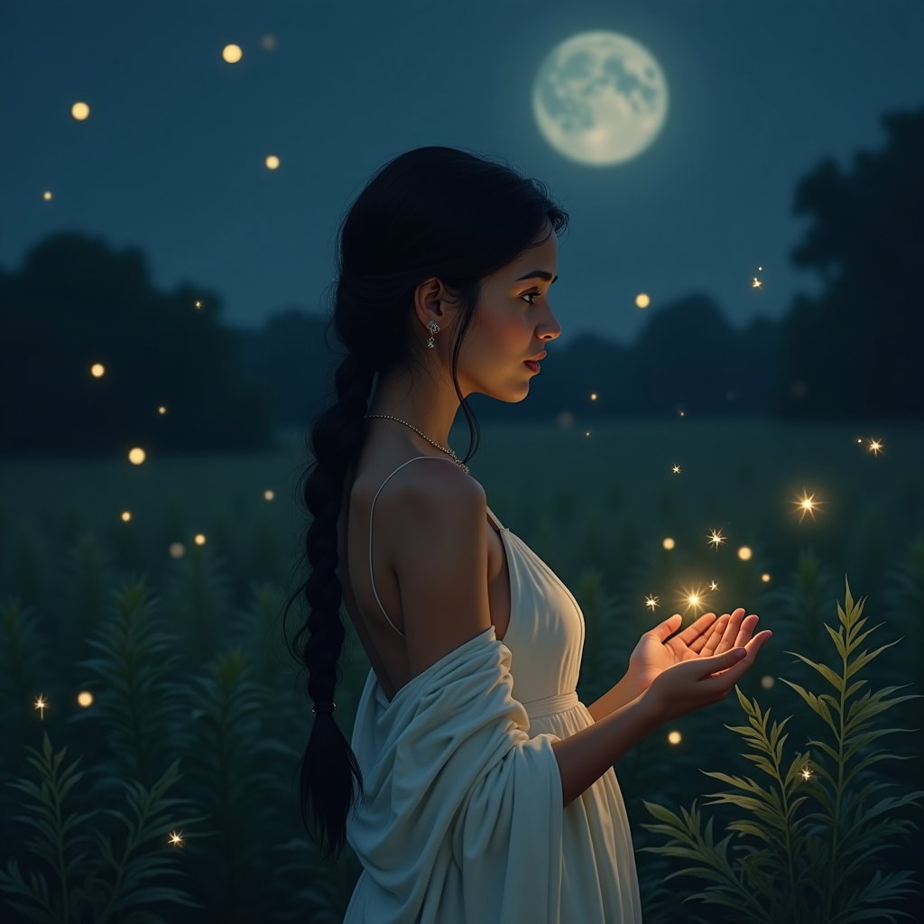 Scène au clair de lune et aux lucioles : portrait nocturne paisible d’une personne de côté, en robe nuisette pâle avec une étole légère en maille glissant des épaules, debout parmi…