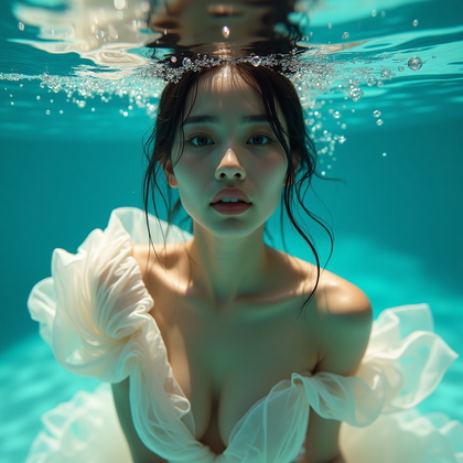 AI-generated photo: Photorealistic underwater fashion photography, intimate close-up portrait in a crystal-clear pool wh...