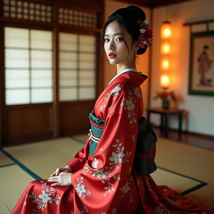 AI-generated photo: Fashion editorial portrait photography, an elevated geisha-inspired portrait captured in a tradition...