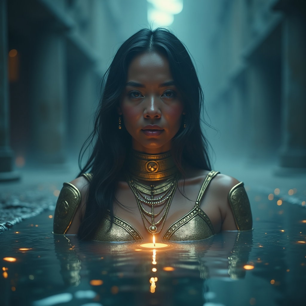 Solo Bronze-Armor Champion Portrait example: Cinematic mythological portrait photo. Surreal creative portrait of a solo bronze-armored champion standing before a ref
