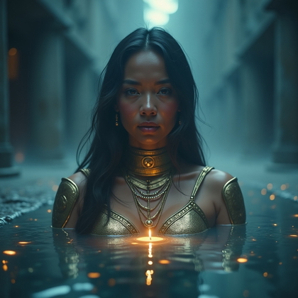 Solo Bronze-Armor Champion Portrait example: Cinematic mythological portrait photo. Surreal creative portrait of a solo bronze-armored champion standing before a ref