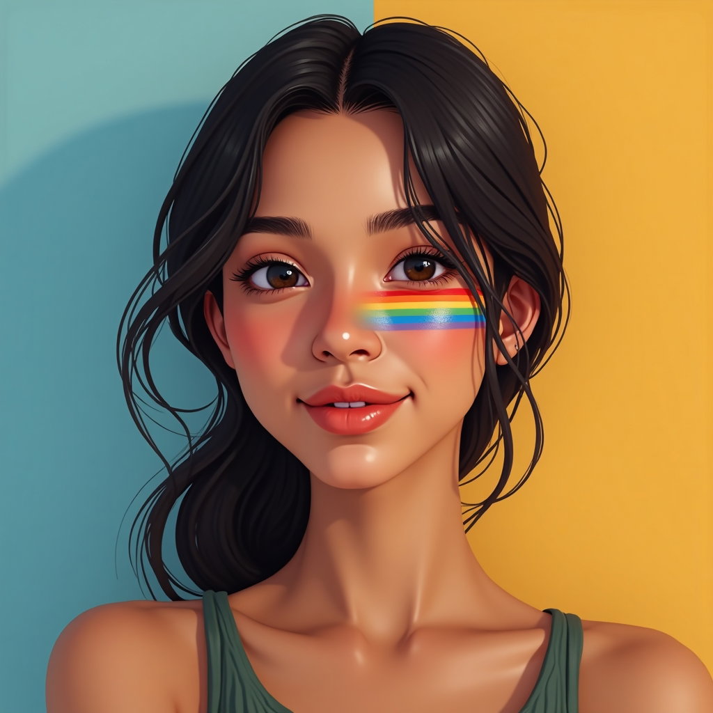 Close-Up Pride Makeup and Face Paint Portraits example: Photorealistic profile avatar photography. Tight square-crop head-and-shoulders portrait designed for a social profile i
