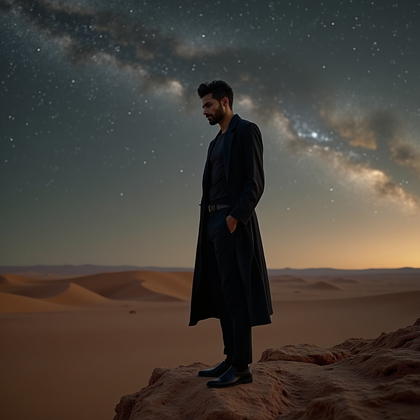 AI-generated photo: Photorealistic minimalist desert cliff edge astro portrait designed for a striking, seductive profil...