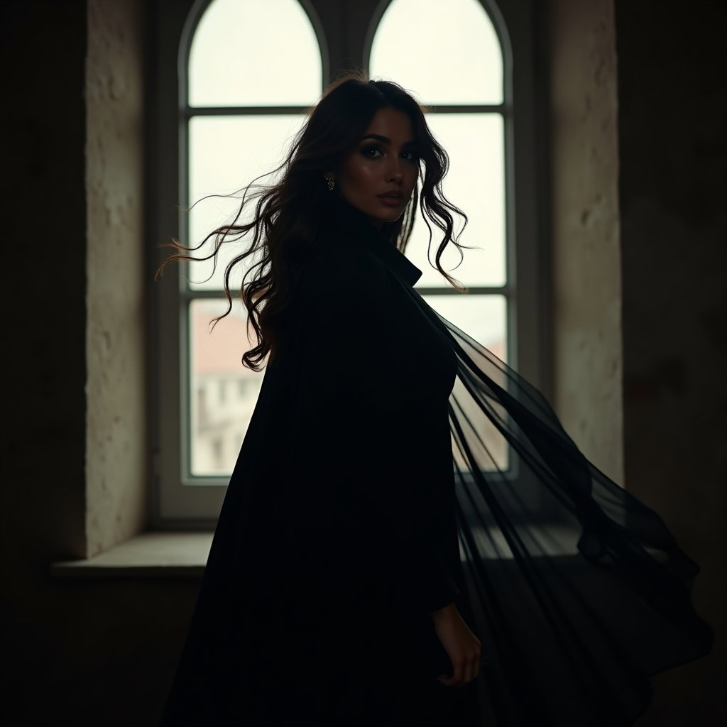 Gothic Window Silhouette Portrait example: Dating profile photo, motion portrait near a Gothic window as a dark cape, coat, or sheer scarf moves softly through the