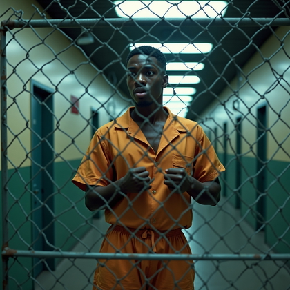 AI-generated photo: Photorealistic prison intake corridor scene, the subject captured standing at a chain-link gate insi...
