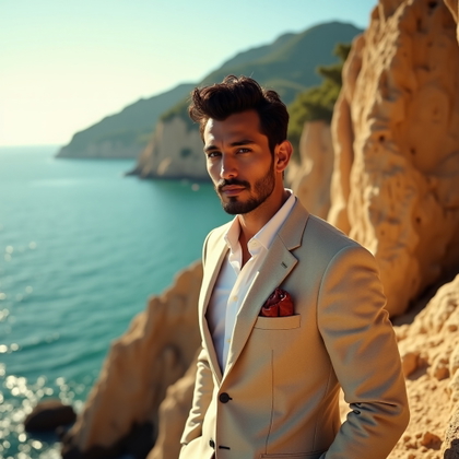 Golden Hour Cliffside Portraits Over the Coast example: Photorealistic editorial portrait photography, cinematic hero image with the subject posed near a dramatic cliff edge, b