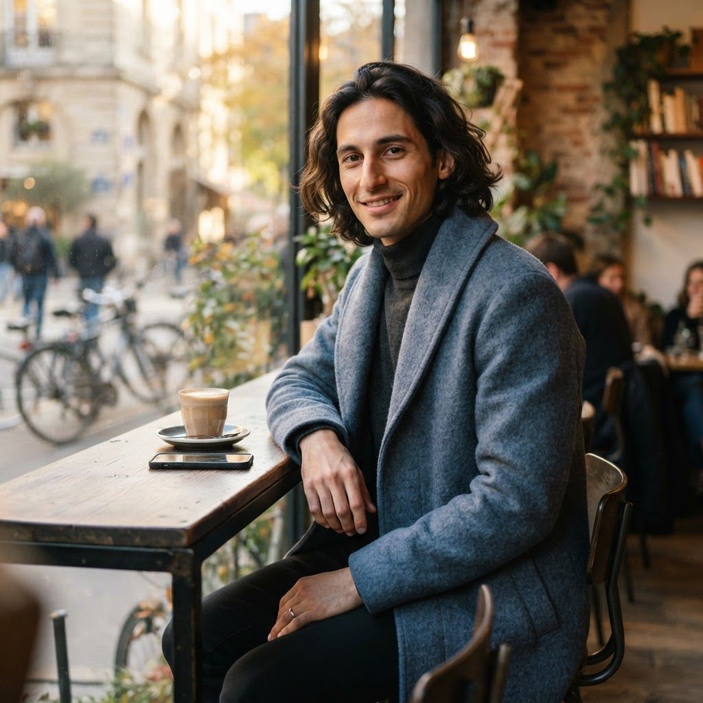 Oversized Collar at a City Café: Seated waist-up portrait at a narrow counter facing a café window, viewed from a gentle three-quarter angle.