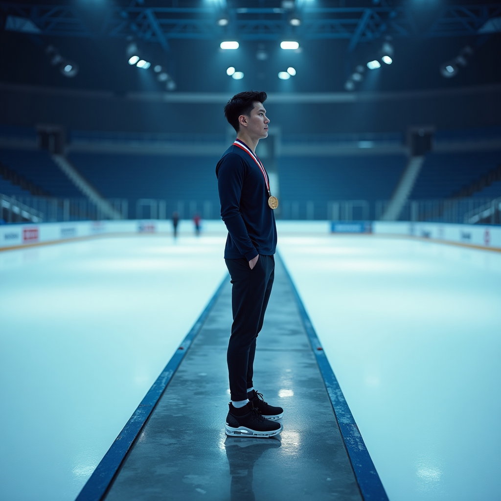 AI-generated photo: Photorealistic fashion sports photography of a runway-style “podium corridor” in an indoor ice arena...