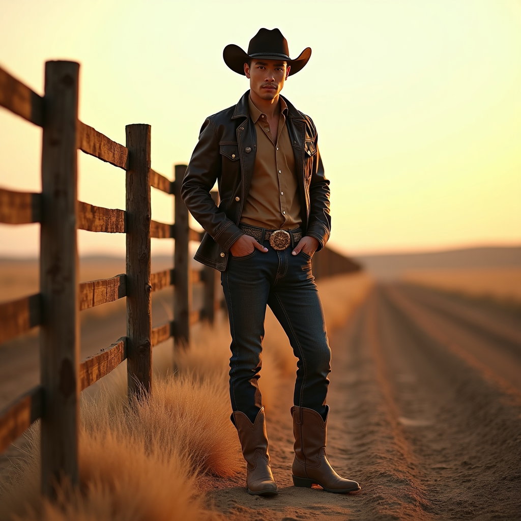 AI-generated photo: Photorealistic fashion photography, a high-impact cowboy fashion portrait staged beside a split-rail...