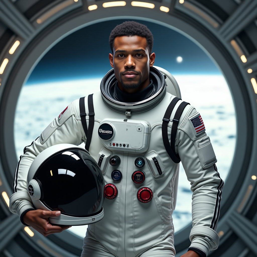 AI-generated photo: Photorealistic professional portrait photography, a helmet-off astronaut photographed in a moon base...