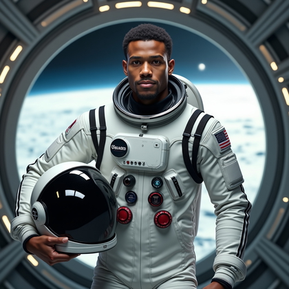 AI-generated photo: Photorealistic professional portrait photography, a helmet-off astronaut photographed in a moon base...