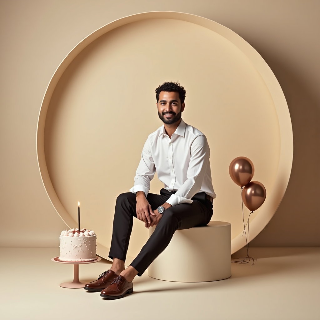 Minimal Studio Birthday Portraits With Clean Backgrounds example: Photorealistic studio environmental portrait. Minimal studio corner with a clean curved backdrop, a low pedestal, a smal