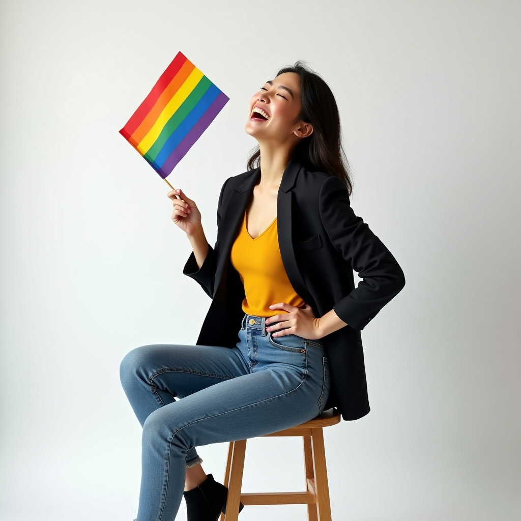 Queer Joy Laughing Portraits example: Photorealistic half-body portrait photography. A joyful laughing pose seated on a simple stool, one arm relaxed across t