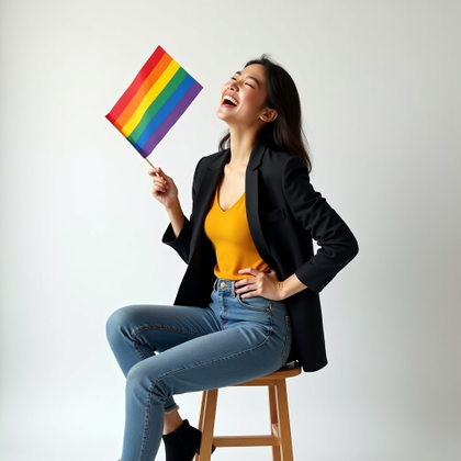 Queer Joy Laughing Portraits example: Photorealistic half-body portrait photography. A joyful laughing pose seated on a simple stool, one arm relaxed across t