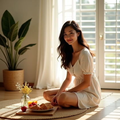 AI-generated photo: Photorealistic lifestyle photography of a sunlit breakfast nook floor picnic: the subject kneels on ...