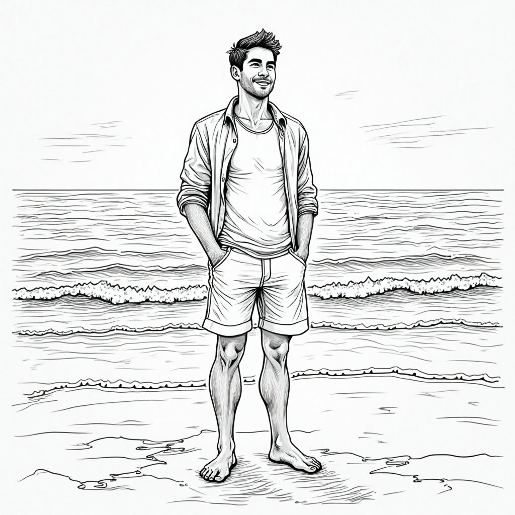AI-generated photo: **Line Art Drawing.** Develop a captivating line art illustration of a young man on a beach at sunse...