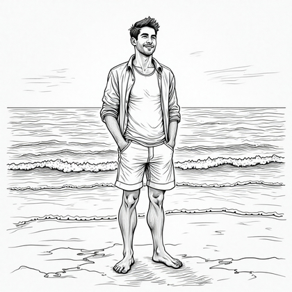AI-generated photo: **Line Art Drawing.** Develop a captivating line art illustration of a young man on a beach at sunse...