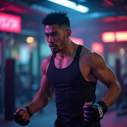 AI-generated photo: **Professional photorealistic portrait.** A UFC fighter is captured mid-warm-up in a candid, dynamic...