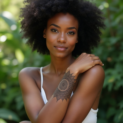 AI-generated photo: Photorealistic photography of a woman in a tranquil garden setting, showcasing a delicate mandala ta...