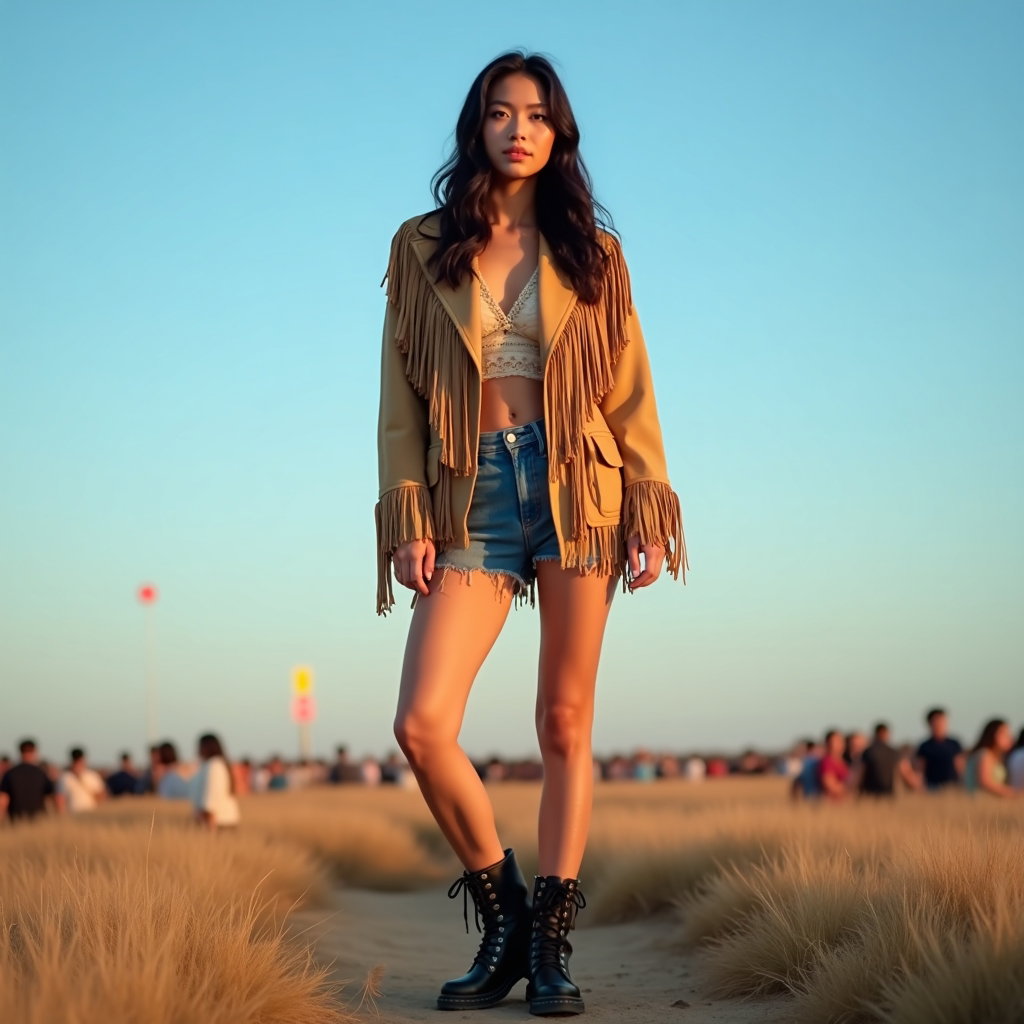 Clean Background Portrait That Doesn’t Get Lost example: Photorealistic festival portrait photography, full-body standing portrait on an open patch of festival ground with a pla