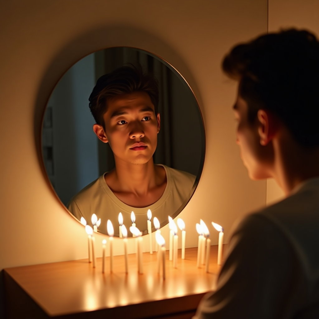 Milestone Birthday Portraits That Feel Grown-Up example: Photorealistic portrait photography. Unexpected creative milestone portrait with the subject reflected in a sleek mirror