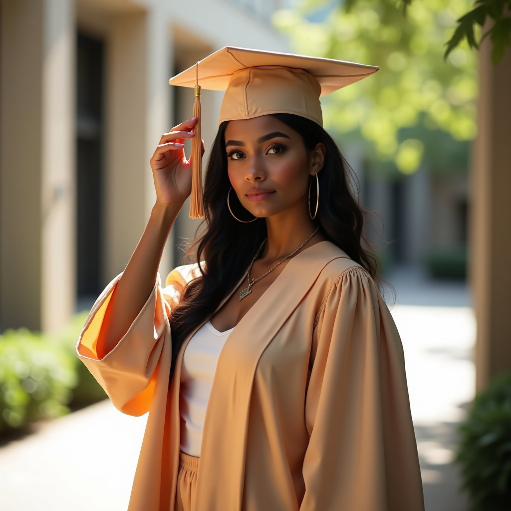 AI-generated photo: Photorealistic fashion portrait photography, a stylish graduation image in a contemporary campus cou...