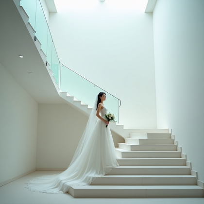 AI-generated photo: Photorealistic wedding photography. At the top landing of a minimalist museum staircase with floatin...
