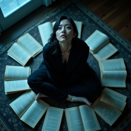 Floor-Sitting Portrait Surrounded by Scattered Pages example: Photorealistic portrait photography. Full-body overhead composition with the subject sitting cross-legged in the center
