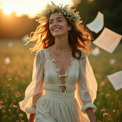 Wildflower Crown Poet Portrait in Golden Hour Light example: Photorealistic poetcore portrait photography. Motion portrait in a meadow, wearing a wildflower crown and loose poet-ins