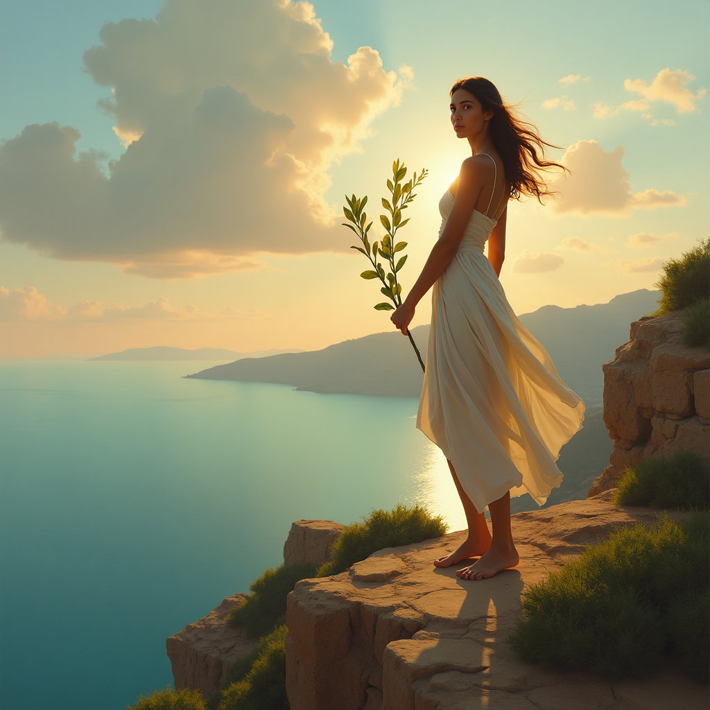 Solo Oracle-Blessed Hero Portrait example: Neoclassical mythological oil painting. Environmental portrait of a solitary oracle-blessed hero standing on a windswept